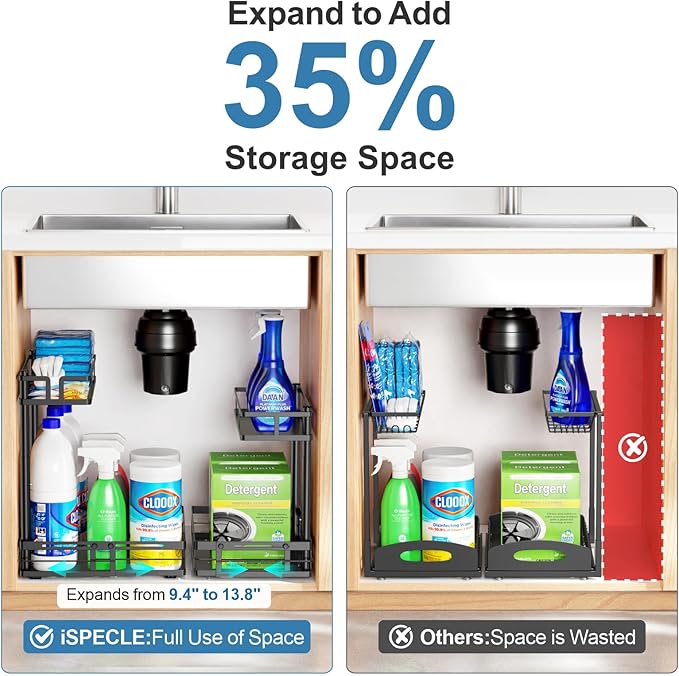 iSPECLE Under Kitchen Sink Organizer - 1 Pack Height Adjustable Pull Out Cabinet Organizer Fit Around Plumbing & Disposal, Heavy-Duty Undersink Storage Sliding Get Item for 30" - 36" Wide Sink Cabinet