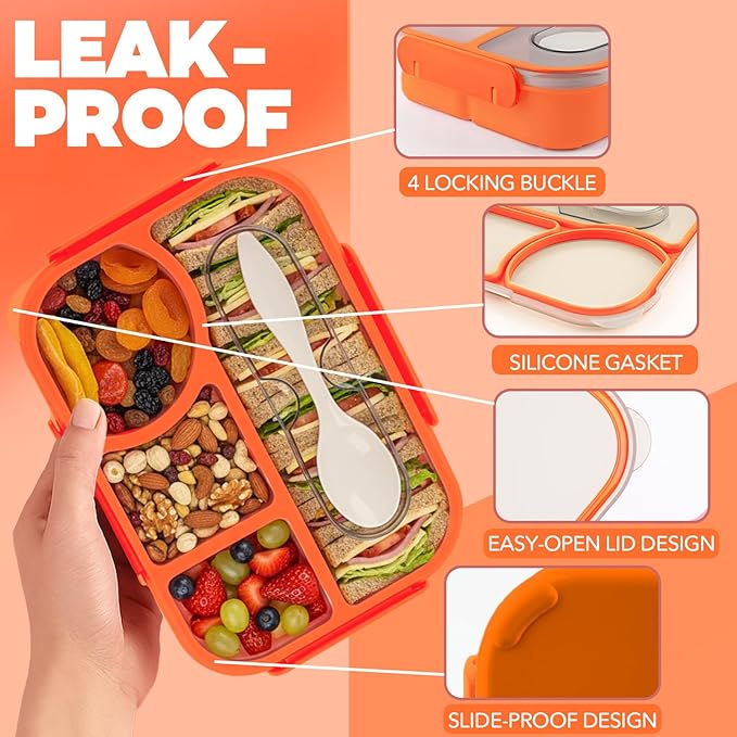 Bento Box for Adults,4 Compartments Lunch Box, Snack Containers Reusable Lunch Containers Drop-Proof, Dishwasher Safe & Made with BPA-Free Materials, Orange
