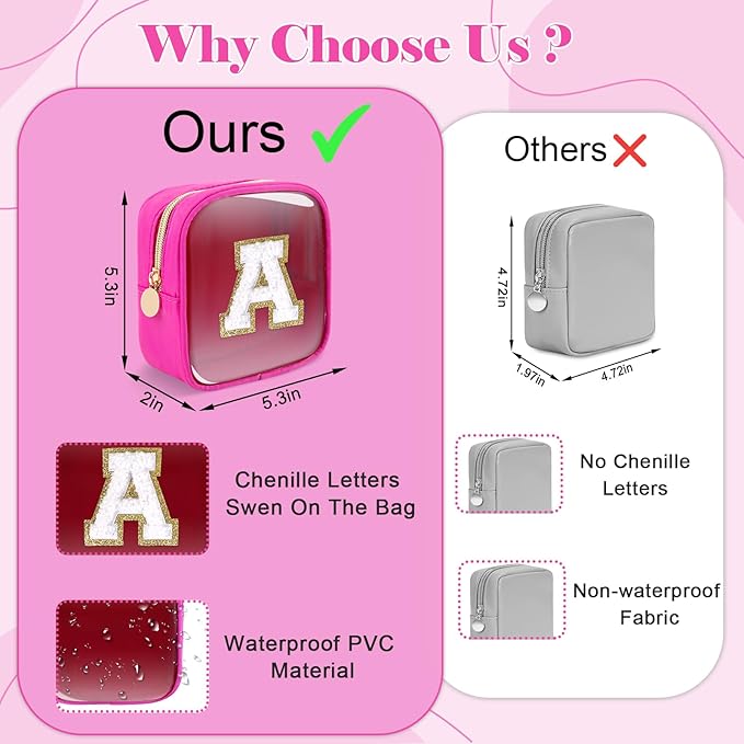 Personalized Initial Letter Clear Preppy Makeup Bag, Mini Nylon Chenille Letter Cosmetic Bag Cute Zipper Pouch Coin Purse for Teen Girls, Portable TSA Approved Travel Essentials Bag Gift for Women, T