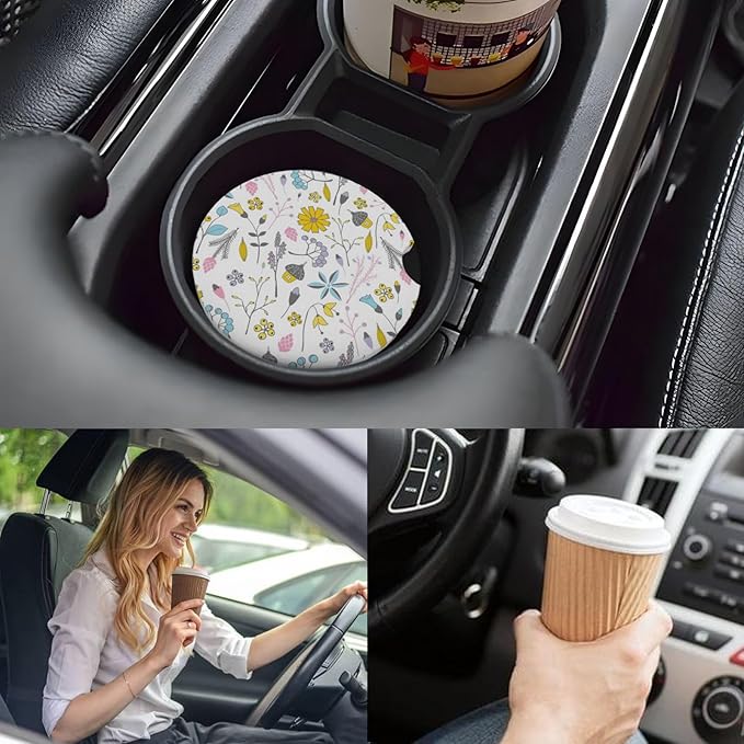 Car Cup Holder Coasters, 2 Pcs Ceramic Coasters with Cork Back and Finger Slot, Anti-Slip Shock Absorbing Women and Men Universal Car Accessories - Lovely Flower