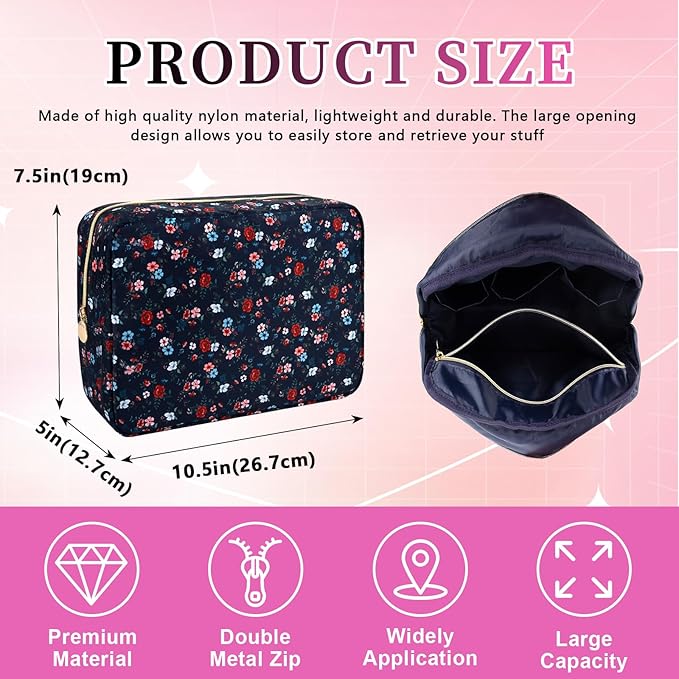 Waterproof Nylon Large Makeup Bag Travel Pouch, Floral Preppy Big Cosmetic Bag Make Up Organizer Toiletry Bag with Zipper, Large Capacity Cute Zipper Pouch Storage Bag for Women Girls(Black Rose)