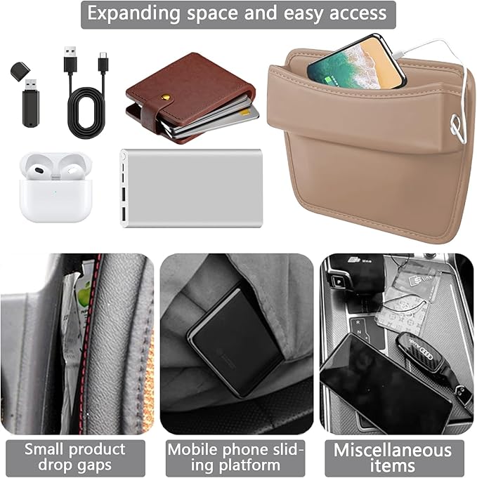 Car Seat Gap Organizer, PU Leather Seat Gap Storage Box for Phone, Wallet, Keys, Sunglasses, Universal Car Seat Side Organizer (Beige)
