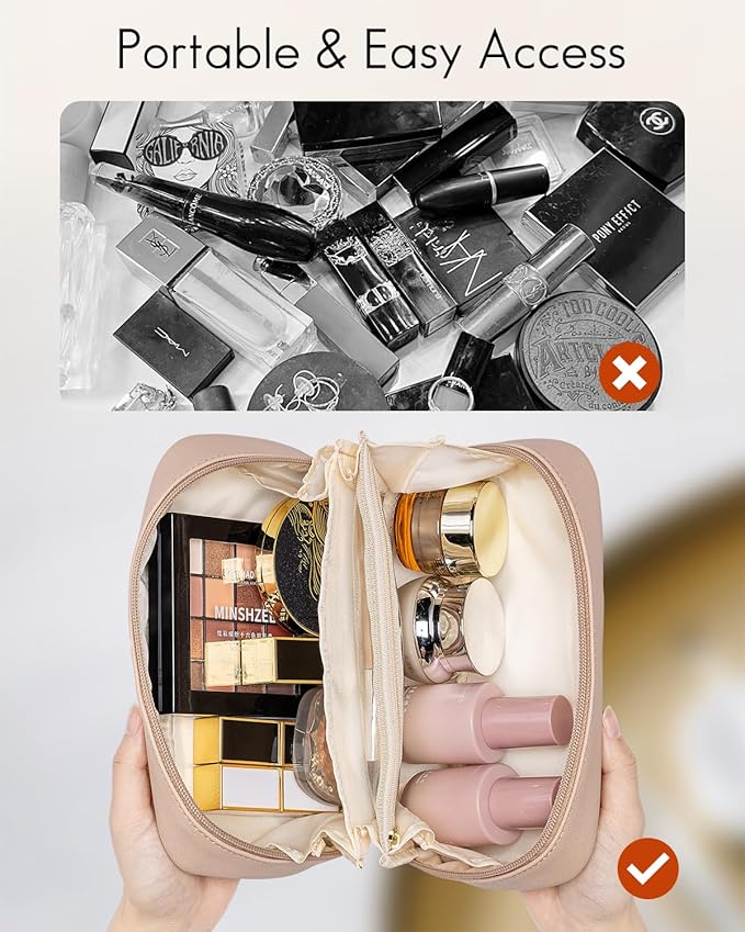 Vlando Small Makeup Pouch,Travel Makeup Bag Gift Ideas for Wife Girls Makeup Pouch for Purse Makeup Brush Holder-Milk Tea