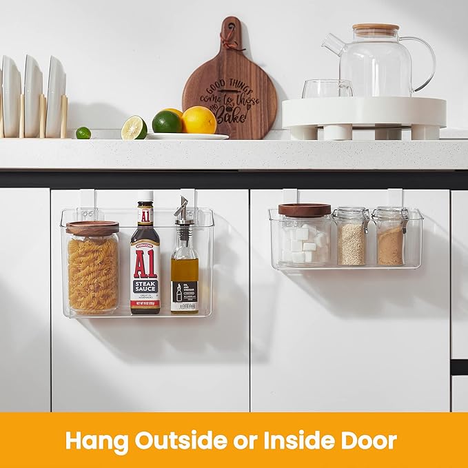 Vacane Plastic Over Cabinet Door Organizer with Removable Hooks, Clear Hanging Baskets for Organizing Over the Cabinet Organizer Holder for Kitchen, Pantry, Bathroom-Hang Outside or Inside Door-S