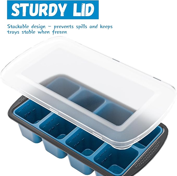 GORCI Ice Cube Tray For Freezer, 16 Large 1/2 Cub Cubes, Silicone Ice Trays For Freezer With Lid, Heavy-duty, Sturdy and Easy to Demold, Suitable for whisky, coffee, Herbs, Purees, 2-Pack