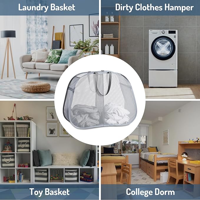Mesh Popup Laundry Hamper 2 Compartment, Collapsible Laundry Sorter Basket Foldable Hamper for Clothes, College Dorm, Travel (Gray)