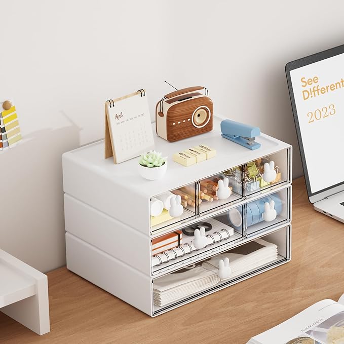 Marbrasse Desk Organizer with 6 Drawers, 3 Tier Stackable Storage Drawers Plastic Makeup Storage, Office Organizers and Storage, Desk Storage Box for Office, School, Home