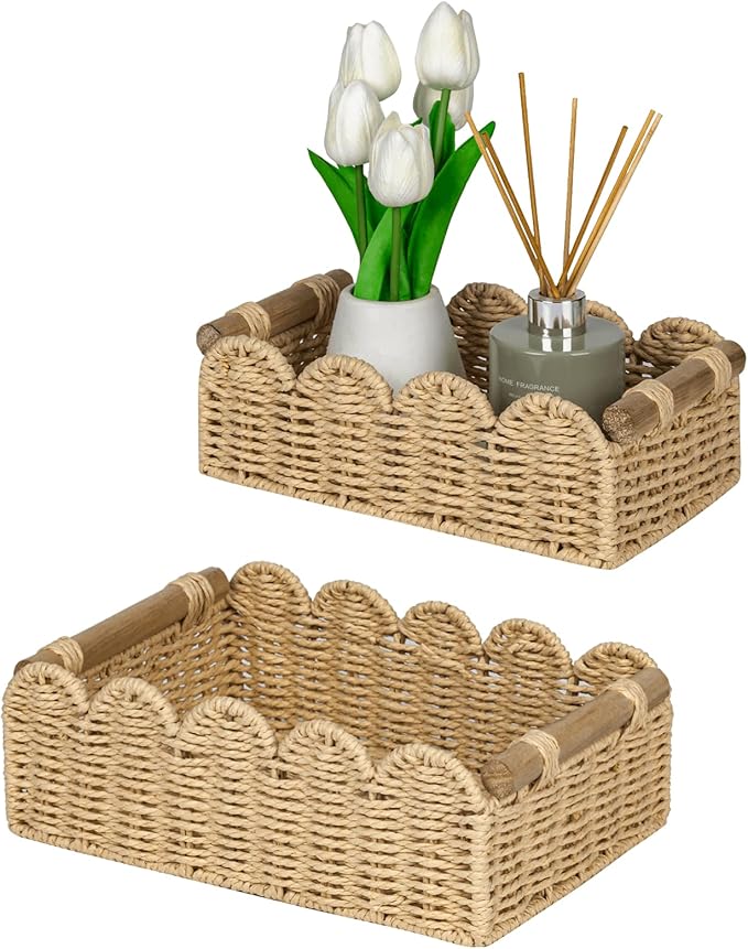 CubesLand Scalloped Edge Decor Baskets for Home, Living Room, Toilet Paper Storage Basket for Over Toilet Shelf, End Table,Shelves and More, Small Paper Rope Baskets Both Storage&Decor, Set 2 Beige