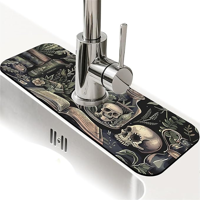 Kitchen Sink Splash Guard，Books and skulls Faucet Mat Sink Gadgets-Super Absorbent Fast Drying Mat Drip Catcher for Kitchen, Bathroom,Sink Mat, Dish Drying Mat, Bathroom(15" X 5.5" )