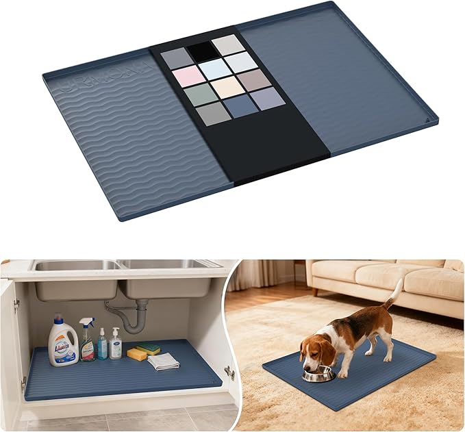 URMONA Waterproof Silicone Under Sink Mat 28'' x 22'' Shelf Liner for Kitchen and Bathroom, Cabinet and Counter Protector, Storage and Organizers, Litter Mat, Pet Cat Puppy Essentials(Dark Grey)