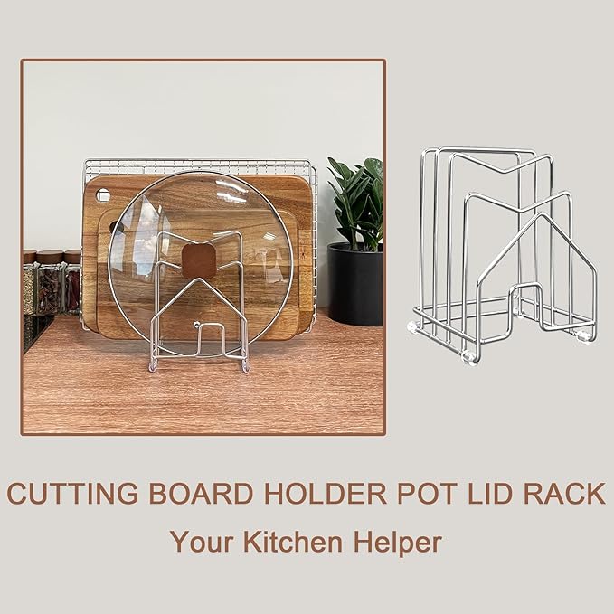 2 Pack Pot Lid Organizer Cutting Board Holder Inside Cabinet 304 Stainless Steel Pots and Pan Organizer Under Cabinet Pot Cover Cookie Sheet Bakeware Serving Tray Cooling Rack Stand Kitchen Countertop