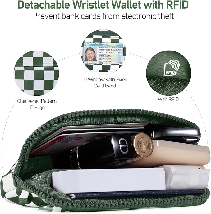Clip and Go Strap for Phone with Wallet Crossbody Phone Lanyard and Detachable Checkered Bag with ID Window and RFID Pouch for Daily Travel.
