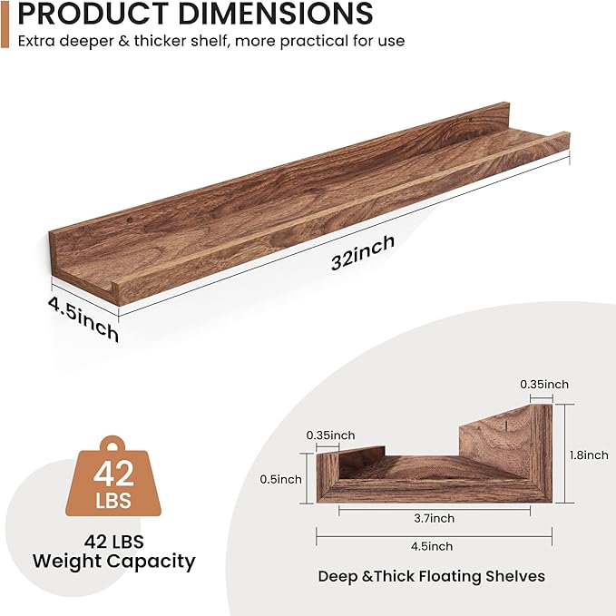 Fun Memories Picture Ledge Shelves Set of 2, 32 Inch Rustic Wall Mounted Floating Shelves with Lip for Home Storage and Décor in Bathroom, Kitchen, Nursery, Bedroom, Living Room, Walnut