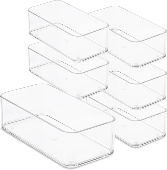 primebox Plastic Clear Drawer Organizers. Bathroom, Kitchen, Bedroom, Jewelry, Office Organizer Bins, Storage Trays. Heavy Duty, Stackable. 9" x 3" x 2" Set of 6