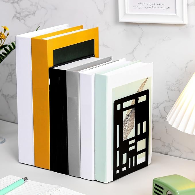 Zonon 6 Pcs Heavy Duty Bookends Decorative Black Metal Bookends for Shelves Book Divider Geometrical Holder Art Design Book Stopper for Home Office School