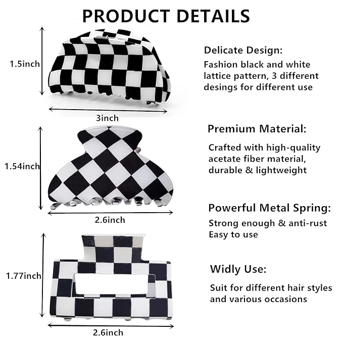 Womens Checkered Hair Clip Medium Checkered Claw Clips Black And White Jaw Clip,3pack