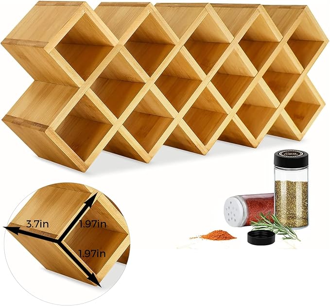 Bamboo Criss Cross Spice Rack Organizer for Cabinet, Wood Seasoning Rack Spice Holder, 18-Jar Spice Rack Tower Spice Storage for Kitchen Countertop Drawer - Jars Not Included