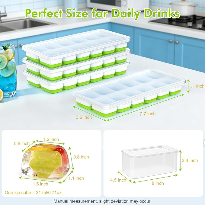 NFK Ice Cube Tray with Lid & Bin - 4 Pack 48 Cubes Stackable Silicone Trays for Freezer with Storage Container, Leak-Proof Lids, BPA-Free, Easy Release for Kitchen, RV, Party, Cocktail & Coffee