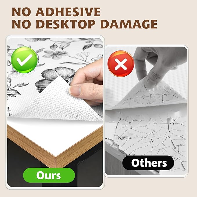 Drawer and Shelf Liner Black Flowers 17in x 20FT, Non Adhesive Anti-Slip Double Layer PVC Reusable Thickened Waterproof Easy Clean for Kitchen Cabinets Refrigerator with Knife Tape Measure