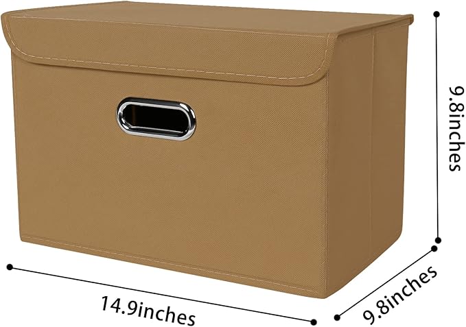 Linen Fabric Foldable Collapsible Storage Cube Bin Organizer Basket Fabric Storage Bins with Lid, Leather Handles, Removable Divider for Home, Closet, Khaki 3Pcs