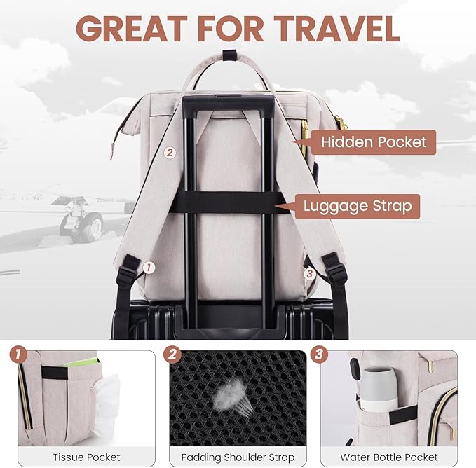 LOVEVOOK Laptop Backpack for Women, 17 Inch Professional Women's Travel Backpack Purse Computer Laptop Bag Nurse Teacher Backpack, Waterproof College Work Bags Carry-on Backpack with USB Port, Off-white