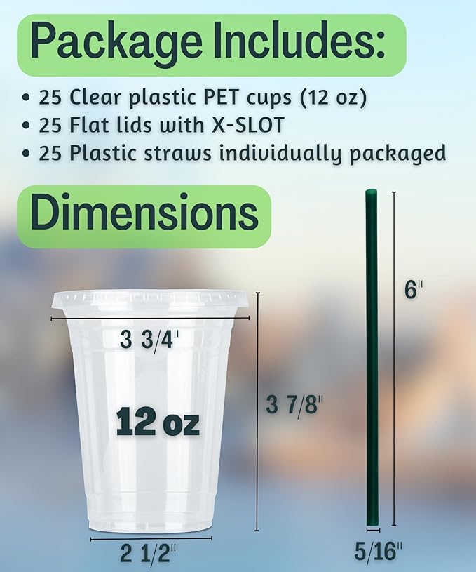 12 oz Clear Plastic Cups with Lids and STRAWS, Disposable Drinking Cups for Cold Drinks, Iced Coffee, Milkshakes, Smoothies, 25 Sets