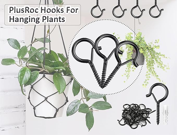 PlusRoc 40 Pack Ceiling Hooks for Hanging Plants Outdoor String Lights Heavy Duty, 2.2 Inch Eye Hook Screw in Cup Hooks Q-Hanger for Patio Lights, Wall Wood Fence Deck Mount(Black)