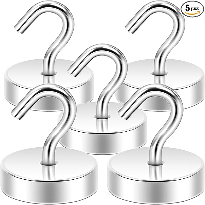 Neosmuk Magnetic Hooks, Cruise Ship Essentials, 80lb+ Heavy Duty Magnetic Hooks for Cruise Cabins, Refrigerator, Grill, Hanging, and Travel | Extra Strong Must-Haves Magnet Hook,Silver, 5 Pack
