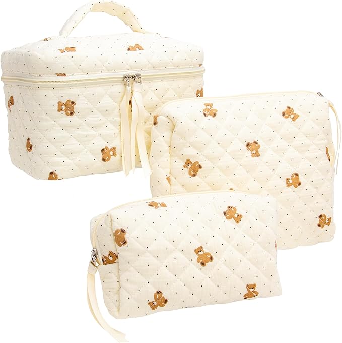 PAZIMIIK 3PCS Makeup Bag SET Large Travel Quilted Zipper Soft Cosmetic Case Pouch for Women Girls Make Up, Gauze Bear