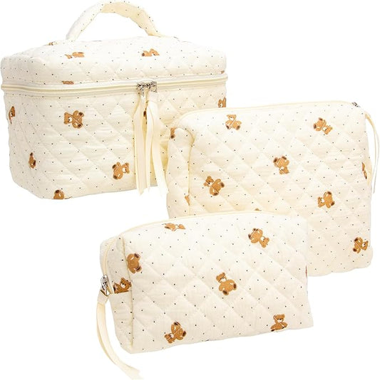 PAZIMIIK 3PCS Makeup Bag SET Large Travel Quilted Zipper Soft Cosmetic Case Pouch for Women Girls Make Up, Gauze Bear