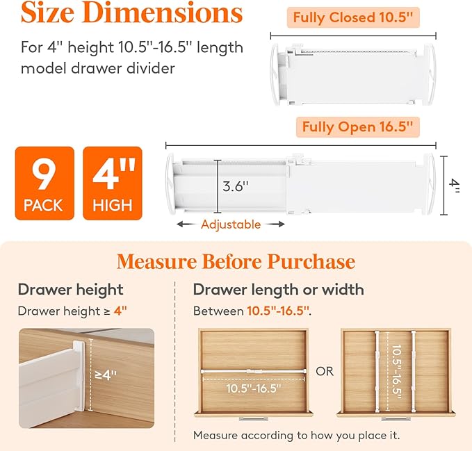 Lifewit 4" High 9 Pack Drawer Dividers, 10.5-16.5" Drawer Divider for Clothes, Adjustable Dresser Drawer Organizers, Plastic Drawers Separators for Clothes, Bedroom, Bathroom, Kitchen, Closet