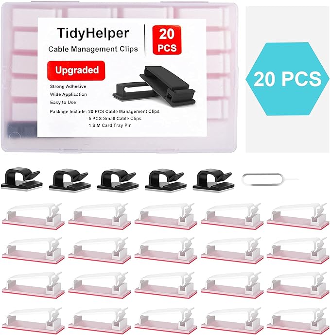Under Desk Cable Management Clips, Wire Organizer Clips for PC Network Cable Mamagement, Large Adhesive Cable Clips Wire Holders (Computer, TV, Ethernet, Electric Wires), White, 20 PCS