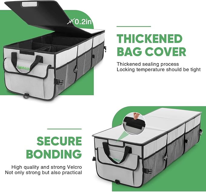 Simniam Car Trunk Organizer with Insulated Grocery Bag - 110L High Capacity Car Storage Box, with 4 Compartments, Reflective Strip, Cover, for Auto, SUV, Truck, Minivan
