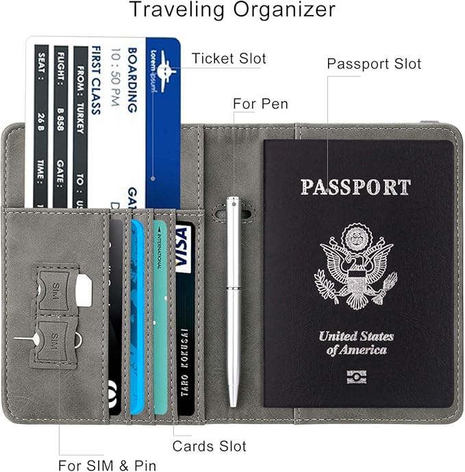 WALNEW Passport Holder for Travel, RFID Passport Cover Wallet for Women Men, PU Leather Passport Book Card Holder Case with Pen, Travelling Essentials for Flying