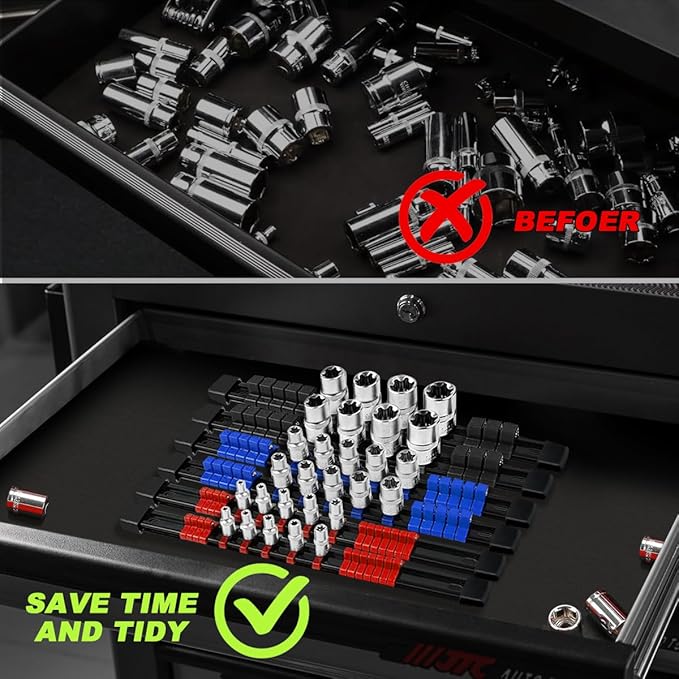 6 Pcs Socket Organizer Rail Set, Premium Socket Holder, Heavy-Duty Socket Rack Kit With 86 Clips 1/4-Inch x 32 Clips, 3/8-Inch x 30 Clips, 1/2-Inch x 24 Clips – Ideal for Tool Storage
