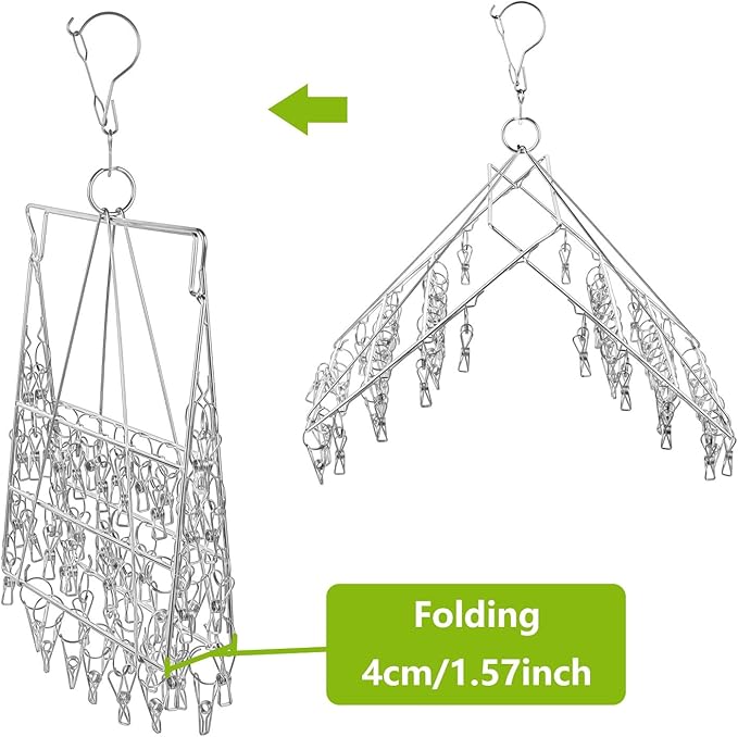 2 Pack Large Collapsible Clothes Drying Hanger, Stainless Steel Metal Laundry Drying Rack for Sock, Diapers, Underwear, Lingerie, Hat, Mask and Herbs (Total 104 Clips)