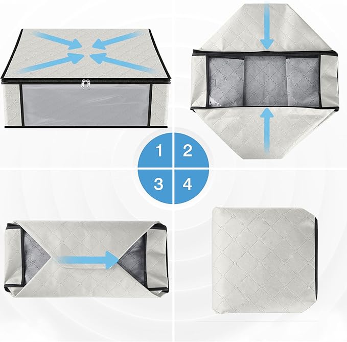 HomeHacks Storage 3-Pack Clothes Organizer Storage Bags Foldable Storage Box with Large Clear Window Sturdy Handles for Closet, Dorm, Pillows, Bedding, Clothes, Blankets, 35L, Ivory