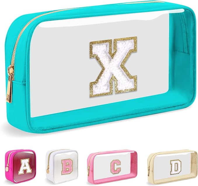 Small Clear Personalized Initial Makeup Bag, Preppy A-Z Chenille Letter Patch Cosmetic Bag, Cute Transparent Nylon Waterproof Zipper Beach Varsity Letter Pouch, Gift for Women Girls(Cyan-White X)