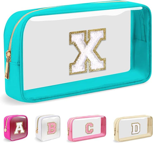 Small Clear Personalized Initial Makeup Bag, Preppy A-Z Chenille Letter Patch Cosmetic Bag, Cute Transparent Nylon Waterproof Zipper Beach Varsity Letter Pouch, Gift for Women Girls(Cyan-White X)