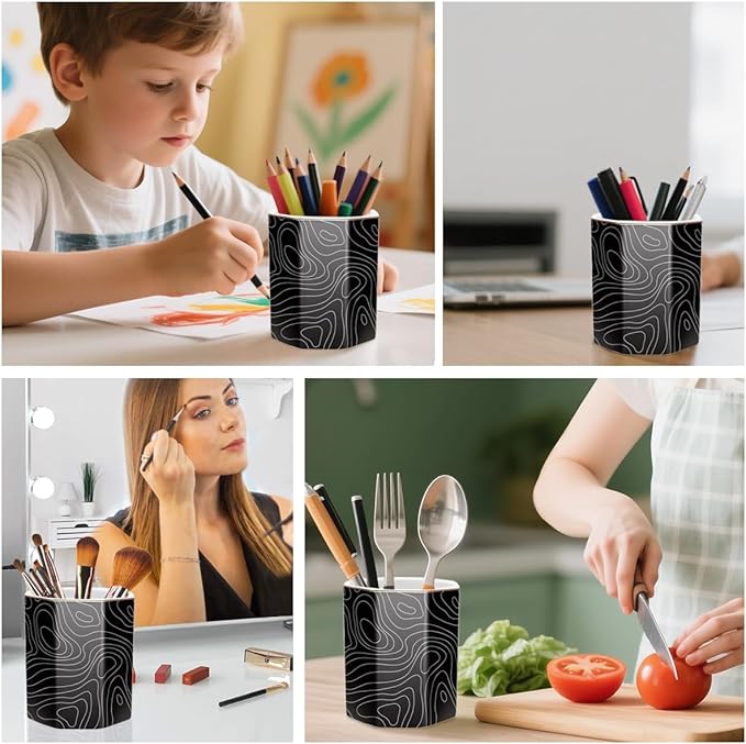 WAVEYU Pen Holder, Pencil Cup for Desk, Cute Desk Organizer, Durable Ceramic Decorative Makeup Brush Desktop Accessories, Stylish Stationery for Office, Home, Abstract Pattern
