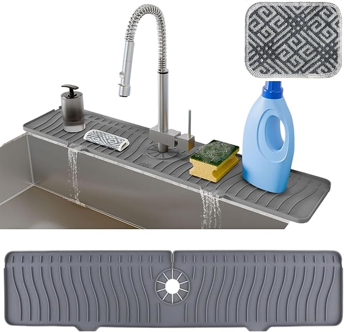 24 Inch Longer Faucet Mat for Kitchen Sink with Reusable Multi-Purpose Dish Washing Scrubber, 5° Slope Premium Kitchen Sink Splash Guard, Fast Self-Draining Silicone Mat (Grey)