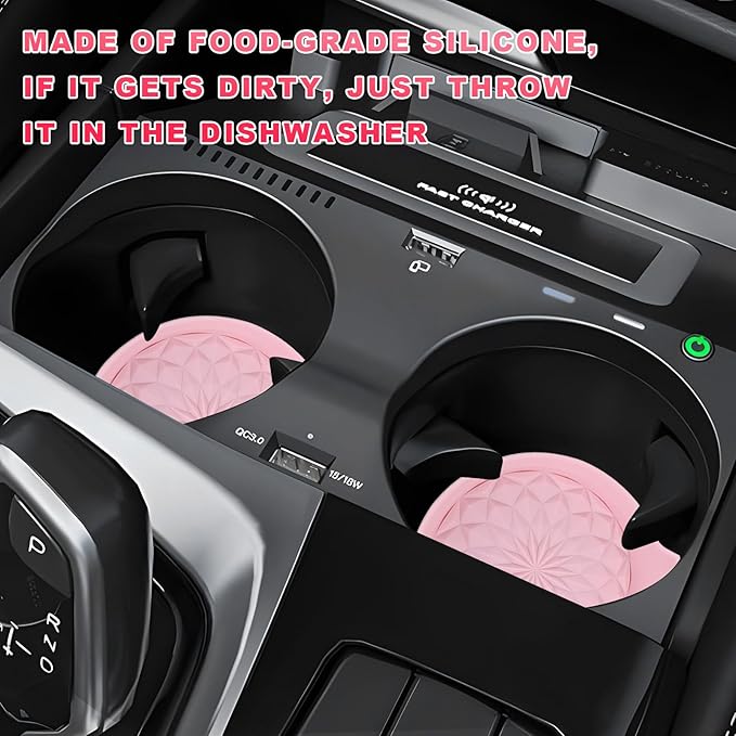 4 PCS Car Cup Holder Coasters, 2.75 Inch Anti-Slip Insert Silicone Car Coaster Drink Mat, Shockproof Universal Auto Cup Coasters for Most Vehicles, Car Interior Accessories (Pink)