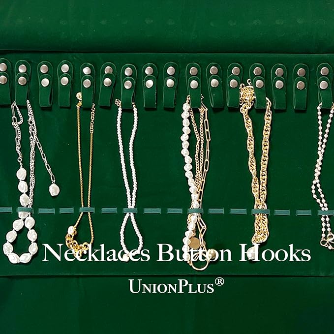 UnionPlus Velvet Travel Jewelry Roll Bag Organizer for Necklace, Elastic Band and Anti-winding, Large, Blackish Green