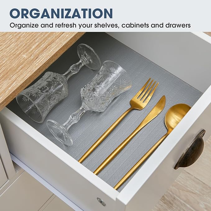 Drawer and Shelf Liner, Non-Slip Kitchen Cabinet Liners Non-Adhesive Thick Strong Grip Waterproof Washable Mats Protect Dresser Shelves Cupboard Bathroom Cabinets, Pure Gray, 24 in X 10 FT
