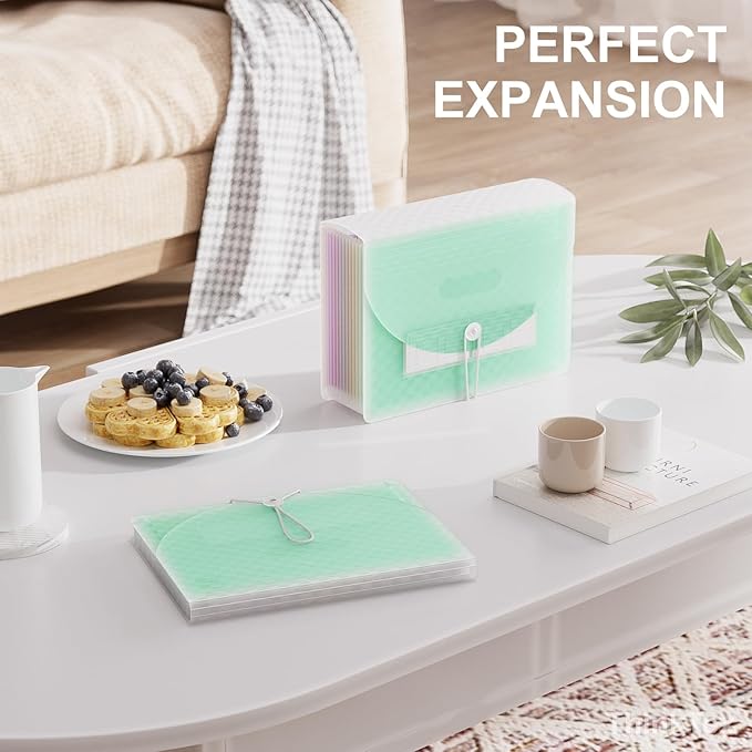 ThinkTex Accordion File Organizer, 12 - Pocket Expanding File Folders for Paper Receipts, Bills & Taxes Organizer, Letter/A4 Size Document Holder for School, Office, Home with Colorful tabs- Green