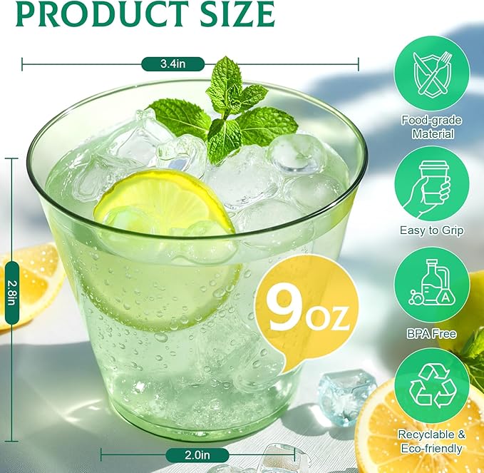 9 oz Clear Plastic Cups Green Plastic Disposable Cups for Cocktail 50 Pack Fancy Cocktail Cup for Party Stemless Wine Glasses for Wedding Graduation Birthday
