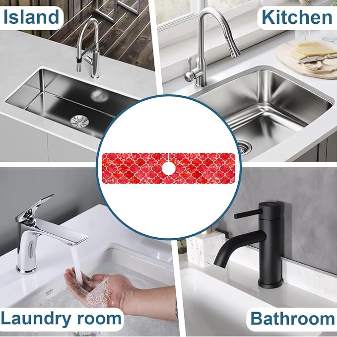 Watercolor Moroccan Marbled Sink Splash Guard Red Tiles Faucet Absorbing Mat Fast Drying Mat Sink Gadgets Splash Guard Behind Faucet Drip Catcher for Kitchen Bathroom, 23.5"x5.5"