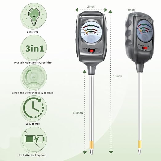 3-in-1 Soil Test Kit, Soil Moisture Meter/Soil ph Meter/Fertility Soil Tester, Soil Hygrometer for Garden,Plant,Farm, Indoor, Outdoor, Lawn Care Moisture Meter for Hous Plants. (Black Silver)