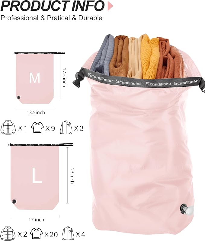 Travel Laundry Bag, Pump-Free Vacuum Compression Dirty Clothes Bag, Medium Reusable Waterproof & Washable Laundry Bag, Wet and Dry Bag, Ideal for Suitcases, Laundromats (1 Pcs) Pink