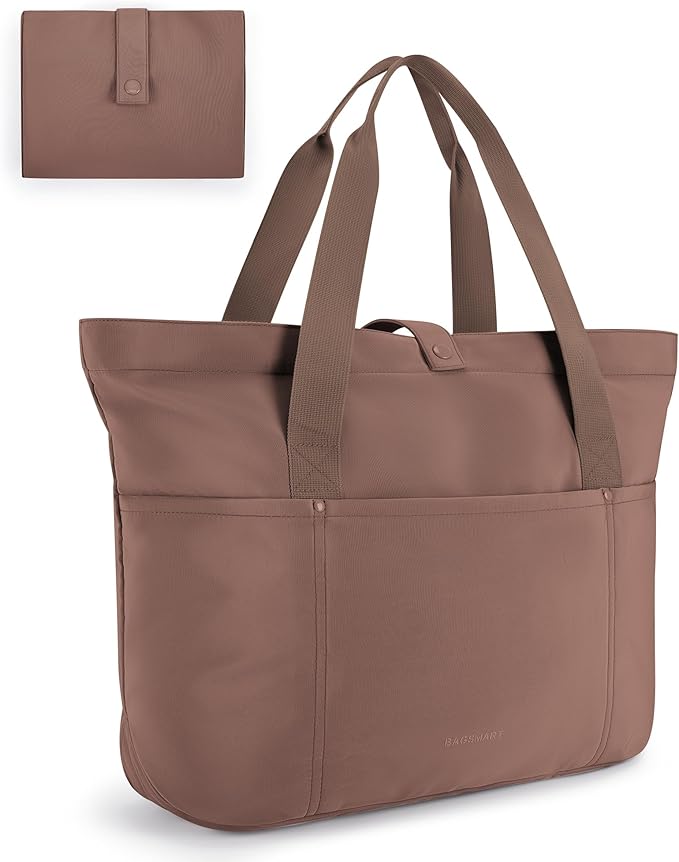 BAGSMART Tote Bag for Women, Foldable Tote Bag With Zipper Travel Large Shoulder Bag Handbag for Work-16.5''L x 6''W x 14''H